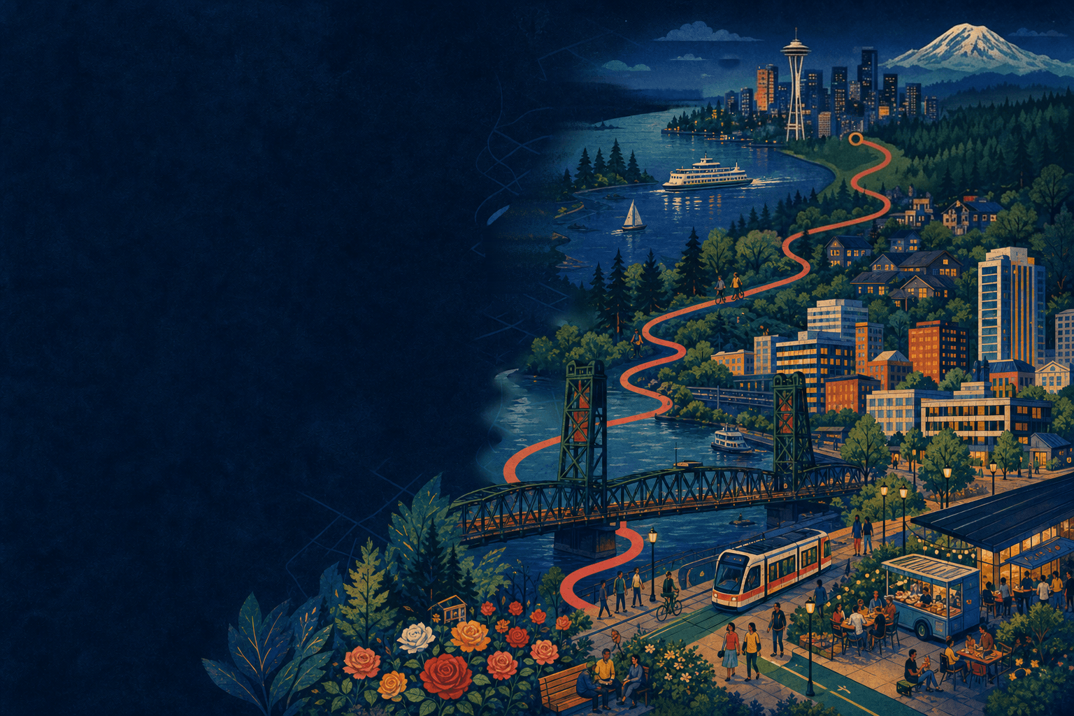 Illustrated Pacific Northwest evening with city experiences from Portland to Seattle