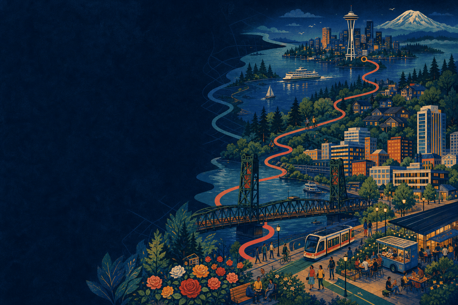 Illustrated Pacific Northwest evening with city experiences from Portland to Seattle